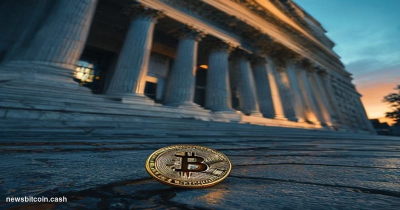 Cinematic photorealistic editorial photograph of the United States Treasury building in Washington D.C. shot from a low angle