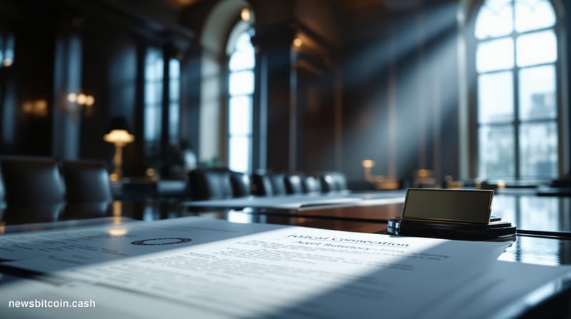 A cinematic photorealistic editorial photograph set inside a formal European regulatory authority chamber, shot from a low an