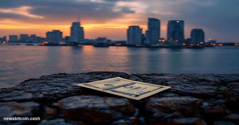 Cinematic photorealistic editorial photograph of the Angolan capital Luanda's waterfront skyline at dusk, with the distinctiv