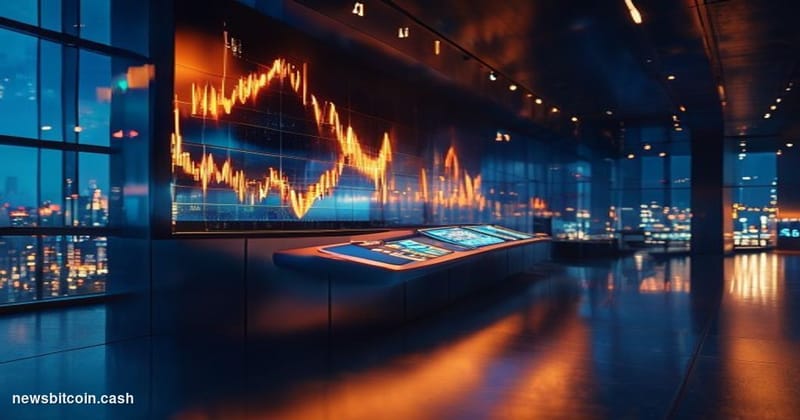 Cinematic photorealistic editorial photograph of a large illuminated SOL/Solana logo display mounted on a dark glass-and-stee