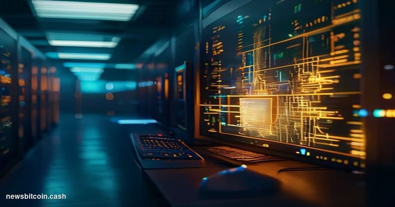 Cinematic photorealistic editorial photograph of a sleek, dimly lit server room with a single illuminated terminal screen dis