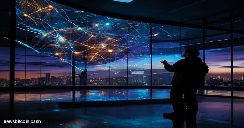 Cinematic photorealistic editorial photograph set inside a dimly lit, high-tech AI research laboratory environment referencin