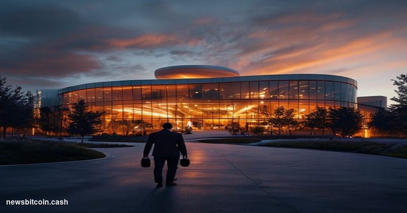 Cinematic photorealistic editorial photograph of Apple's iconic glass-and-steel headquarters at Apple Park in Cupertino, Cali