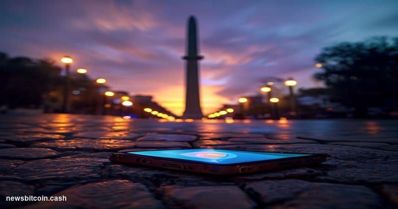 Cinematic photorealistic editorial photograph shot at dusk from a low angle looking up at the iconic obelisk of Buenos Aires 