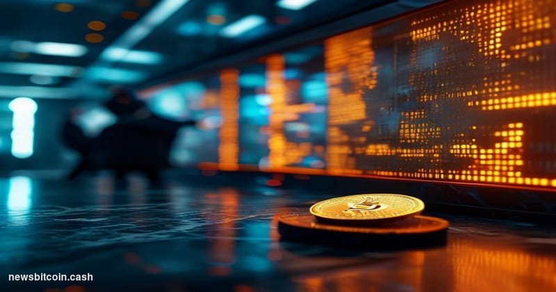 Cinematic photorealistic editorial photograph of a cracked digital stock ticker board mounted in a sleek, darkened trading fl