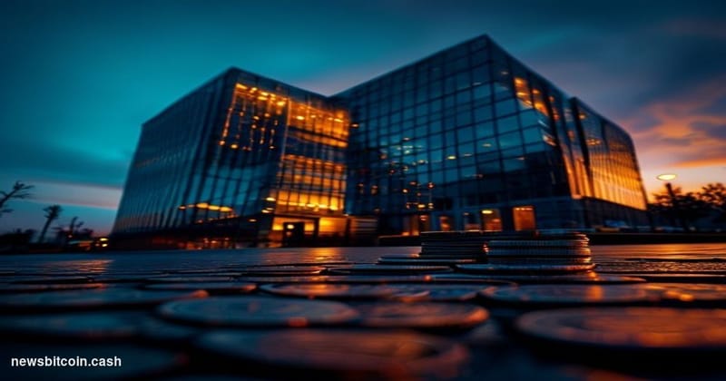 Cinematic photorealistic editorial photograph of a modernist federal bank building exterior at dusk, its glass facade reflect