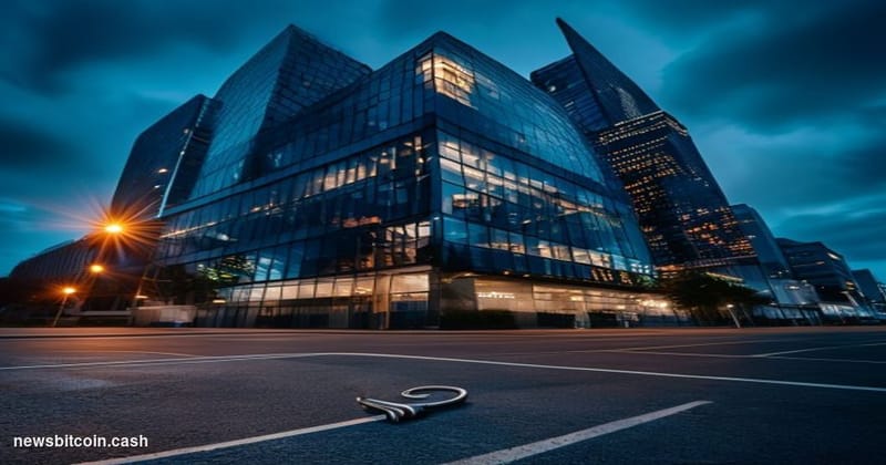 A cinematic photorealistic editorial photograph of a glass-and-steel Nasdaq-listed corporate headquarters exterior at dusk, w