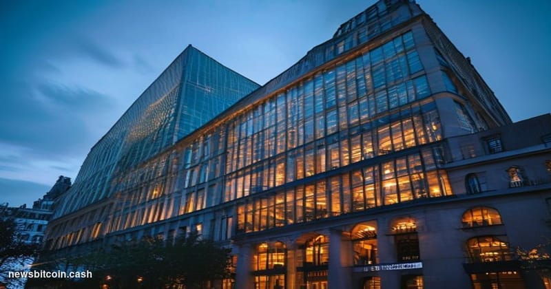 Cinematic photorealistic editorial photograph of Dublin's financial district at dusk, with the iconic glass façade of the Cen
