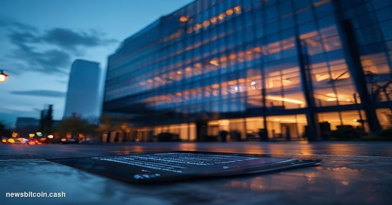 Cinematic photorealistic editorial photograph of Aviva Investors' London headquarters exterior at dusk, the glass and steel c