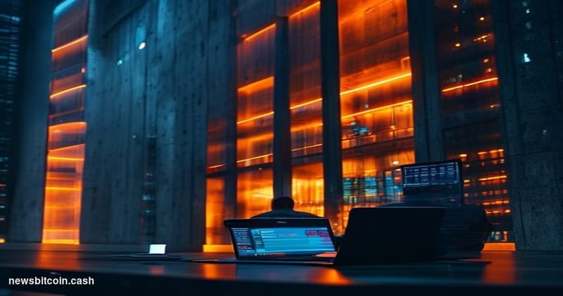 A cinematic photorealistic editorial photograph of an Amazon Web Services data center exterior at night, shot from a low angl