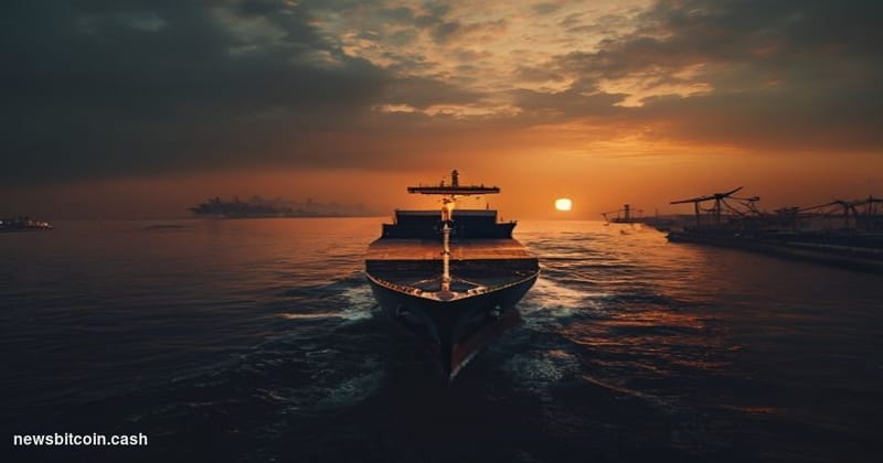 Cinematic photorealistic editorial photograph of a large cargo container ship navigating through a narrow, tension-filled str