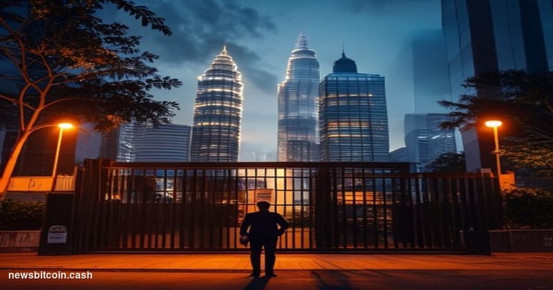 Cinematic photorealistic editorial photograph shot at dusk from street level looking up at a modern corporate office building