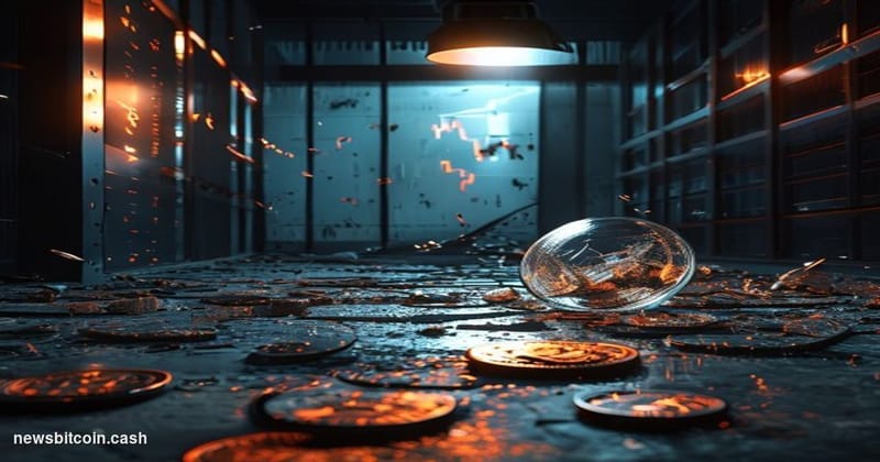 Cinematic photorealistic editorial photograph of a shattered glass vault door lying on a cold concrete floor, dramatic side-l