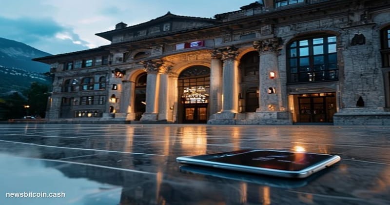 Cinematic photorealistic editorial photograph of a grand Swiss cantonal bank branch exterior in Bellinzona, Ticino — the Pala