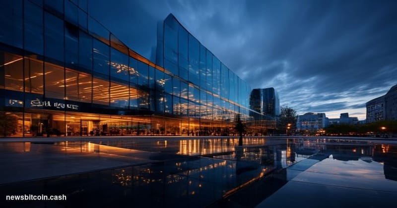 Cinematic photorealistic editorial photograph of the Banco Santander headquarters building in Madrid, Spain — its iconic red-