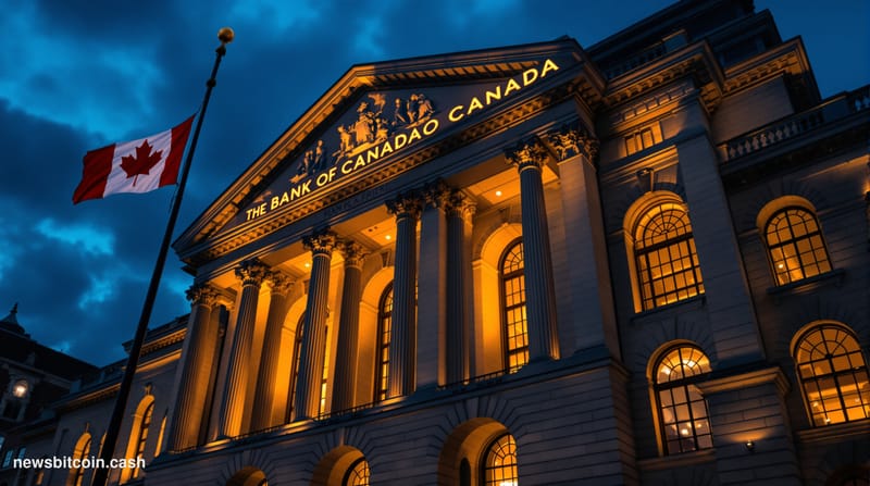 Cinematic photorealistic editorial photograph of the Bank of Canada's neoclassical Ottawa headquarters at dusk, its limestone