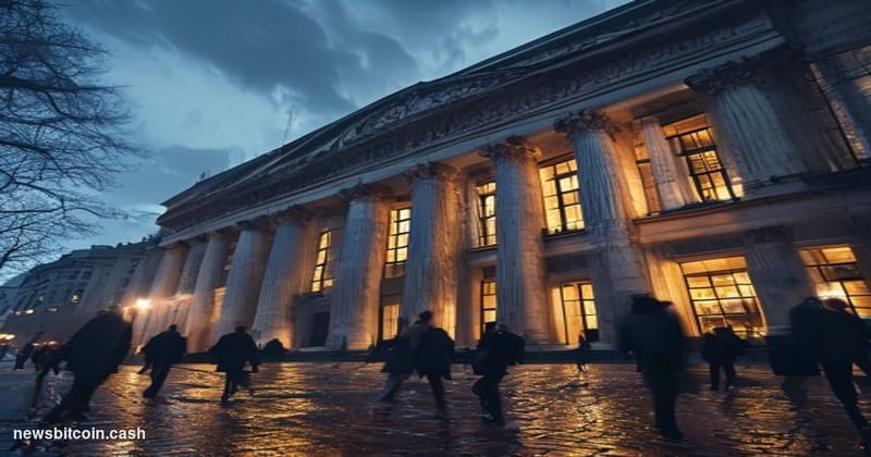 Cinematic photorealistic editorial photograph of the Bank of England's neoclassical Threadneedle Street headquarters in the C