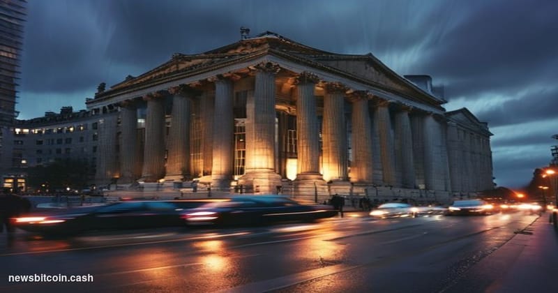 Cinematic photorealistic editorial photograph of the Bank of England's iconic neoclassical headquarters on Threadneedle Stree