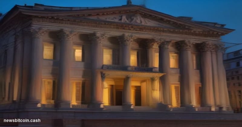 A cinematic photorealistic editorial photograph of the Palazzo Koch, the historic neoclassical headquarters of the Bank of It