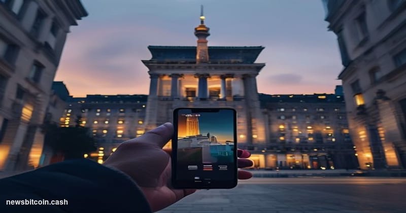Cinematic photorealistic editorial photograph of the Bank of Korea's neoclassical headquarters building in central Seoul, Sou