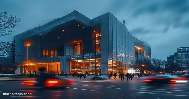 Cinematic photorealistic editorial photograph of the Bank of Korea's headquarters in central Seoul, South Korea, shot at dusk