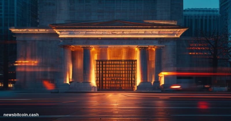 Cinematic photorealistic editorial photograph of the Bank of Korea's neoclassical headquarters building in central Seoul, Sou