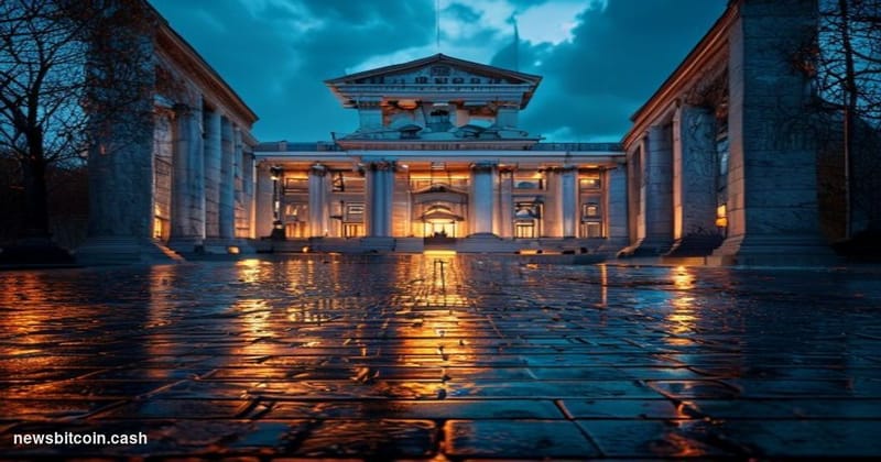 Cinematic photorealistic editorial photograph of the Bank of Russia's neoclassical headquarters building in Moscow, shot at d