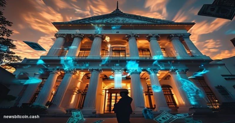 Cinematic photorealistic editorial photograph of the Bank of Thailand's iconic neoclassical headquarters building in Bangkok,