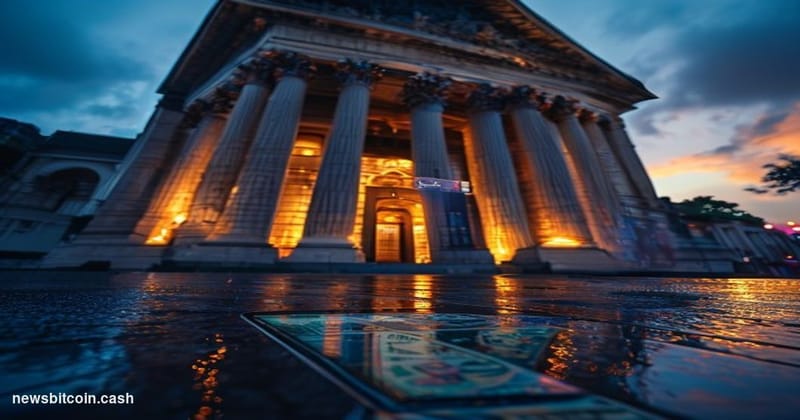 Cinematic photorealistic editorial photograph of the Bank of Thailand's neoclassical headquarters building in Bangkok at dusk