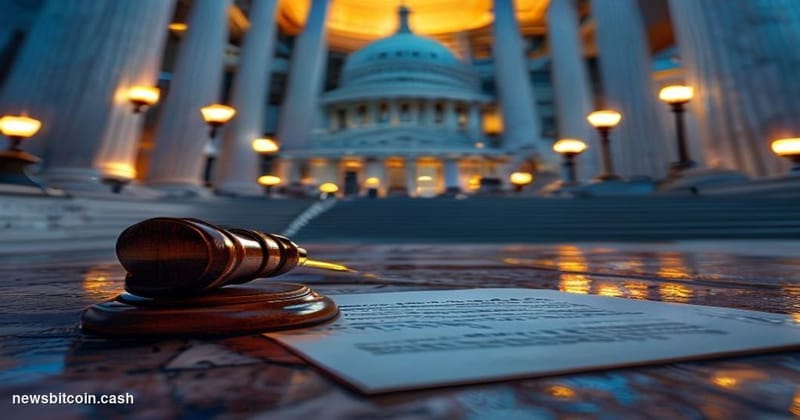 Cinematic photorealistic editorial photograph of the United States Capitol building at dusk, shot from a low angle looking up