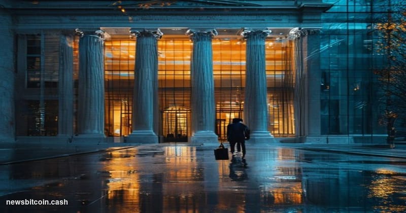 Cinematic photorealistic editorial photograph of the exterior of a grand neoclassical bank building — marble columns, heavy b