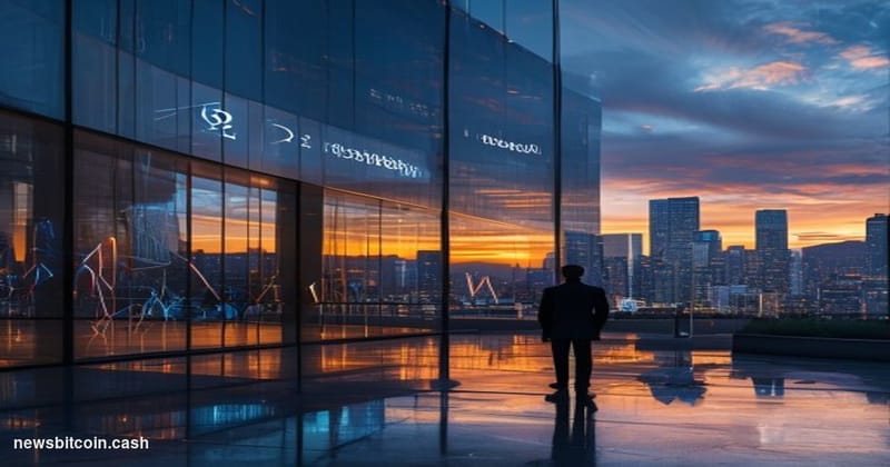 Cinematic photorealistic editorial photograph of a sleek urban technology campus at dusk, with a large glass-facade building 