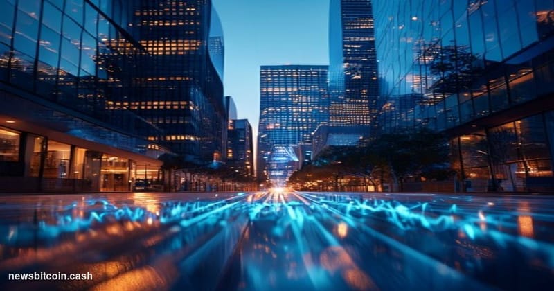 Cinematic photorealistic editorial photograph of a sleek San Francisco financial district streetscape at dusk, with the Coinb