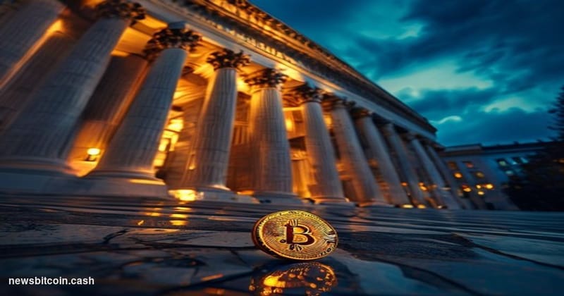Cinematic photorealistic editorial photograph of the United States Treasury Building in Washington D.C. at dusk, shot from a 