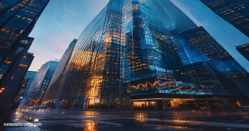 A cinematic photorealistic editorial photograph shot from a low angle looking up at the glass-and-steel facades of overlappin