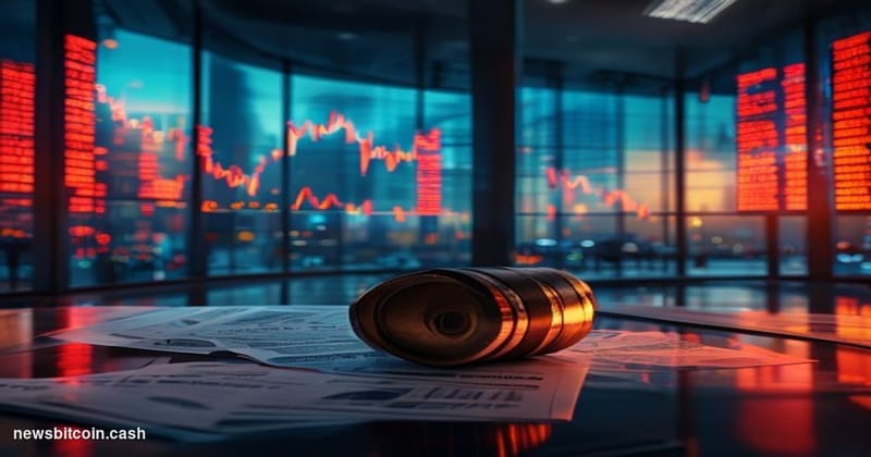 Cinematic photorealistic editorial photograph of a large financial trading floor seen through floor-to-ceiling glass windows 