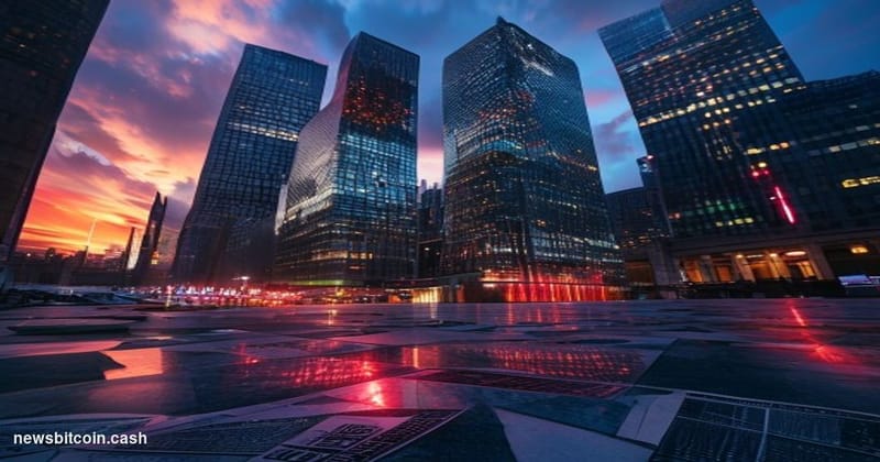 A cinematic photorealistic editorial photograph shot from a low angle looking up at a cluster of glass-and-steel corporate sk