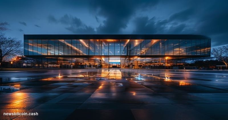 Cinematic photorealistic editorial photograph of Binance's global headquarters exterior at dusk, with dramatic amber and blue