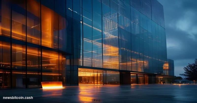 Cinematic photorealistic editorial photograph of the Binance global headquarters exterior at dusk, with dramatic warm amber l