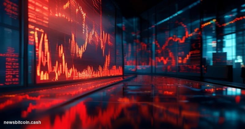 Cinematic photorealistic editorial photograph of a dramatic trading floor environment at dusk, bathed in deep red emergency l