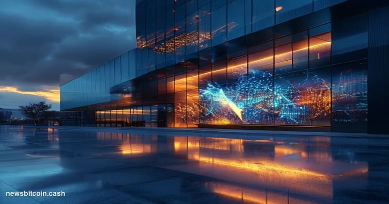 Cinematic photorealistic editorial photograph of the Binance headquarters building exterior at dusk, with warm amber lighting