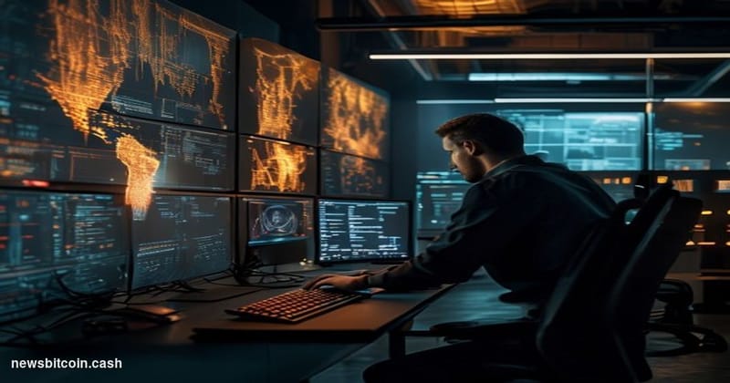 Cinematic photorealistic editorial photograph of a dimly lit corporate cybersecurity operations center, with multiple monitor