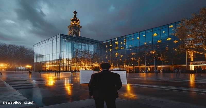 Cinematic photorealistic editorial photograph of the European Union's institutional district in Brussels, Belgium, with the d