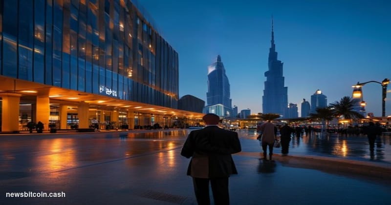 Cinematic photorealistic editorial photograph of the Abu Dhabi Global Market Square on Al Maryah Island, Abu Dhabi, shot at d