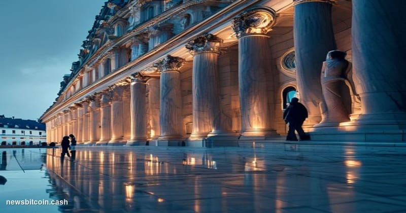 Cinematic photorealistic editorial photograph of a European Union regulatory building — marble facade with EU flag rings and 