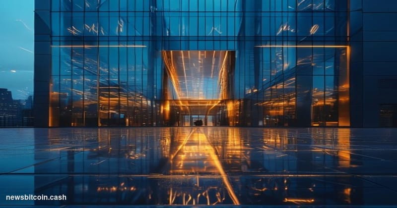 Cinematic photorealistic editorial photograph of the Binance corporate headquarters exterior at dusk, with warm amber lightin