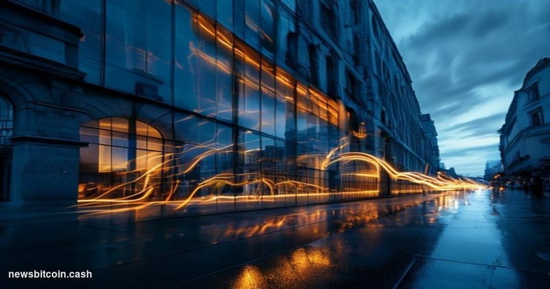Cinematic photorealistic editorial photograph of Binance's European operations under regulatory pressure: a sleek modern glas