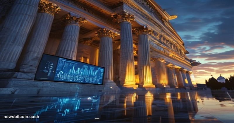 Cinematic photorealistic editorial photograph of the Washington D.C. CFTC headquarters building at dusk, shot from a low angl