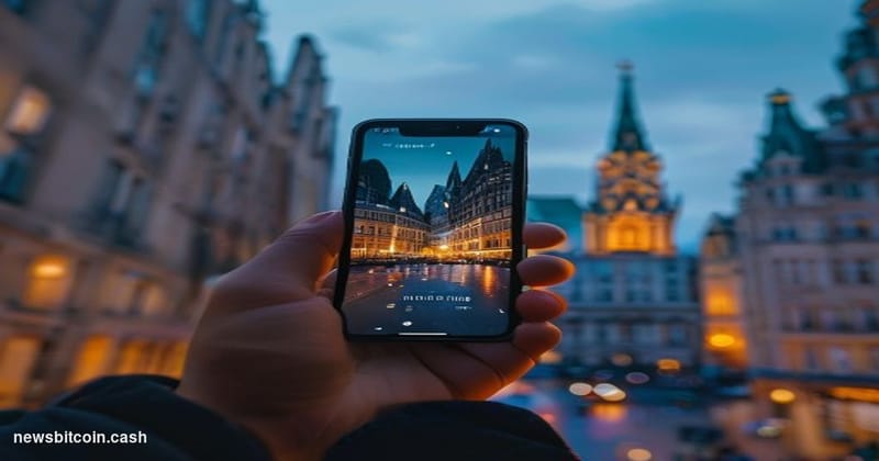 Cinematic photorealistic editorial photograph of a smartphone held in a hand against the backdrop of a recognizable European 