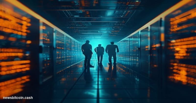 A cinematic photorealistic editorial photograph set in a dimly lit server room with warm amber backlighting cutting through c